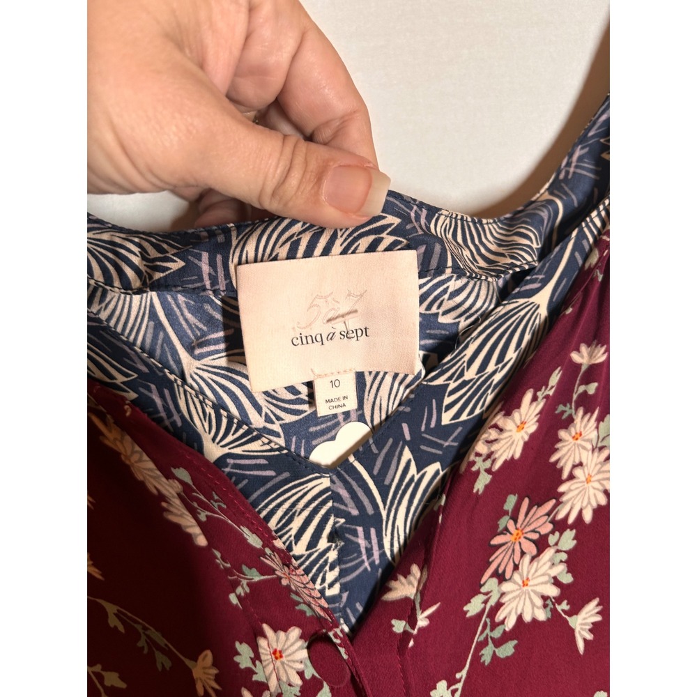 Cinq a Sept Burgundy Nathalia Floral Silk Asymmetrical Midi Dress 10 Mixed Print - Picture 4 of 12